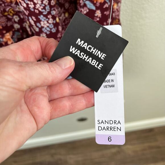 Sandra Darren Burgundy Floral Balloon Sleeve V-Neck Babydoll Mini Dress 6 NWT - Picture 9 of 15